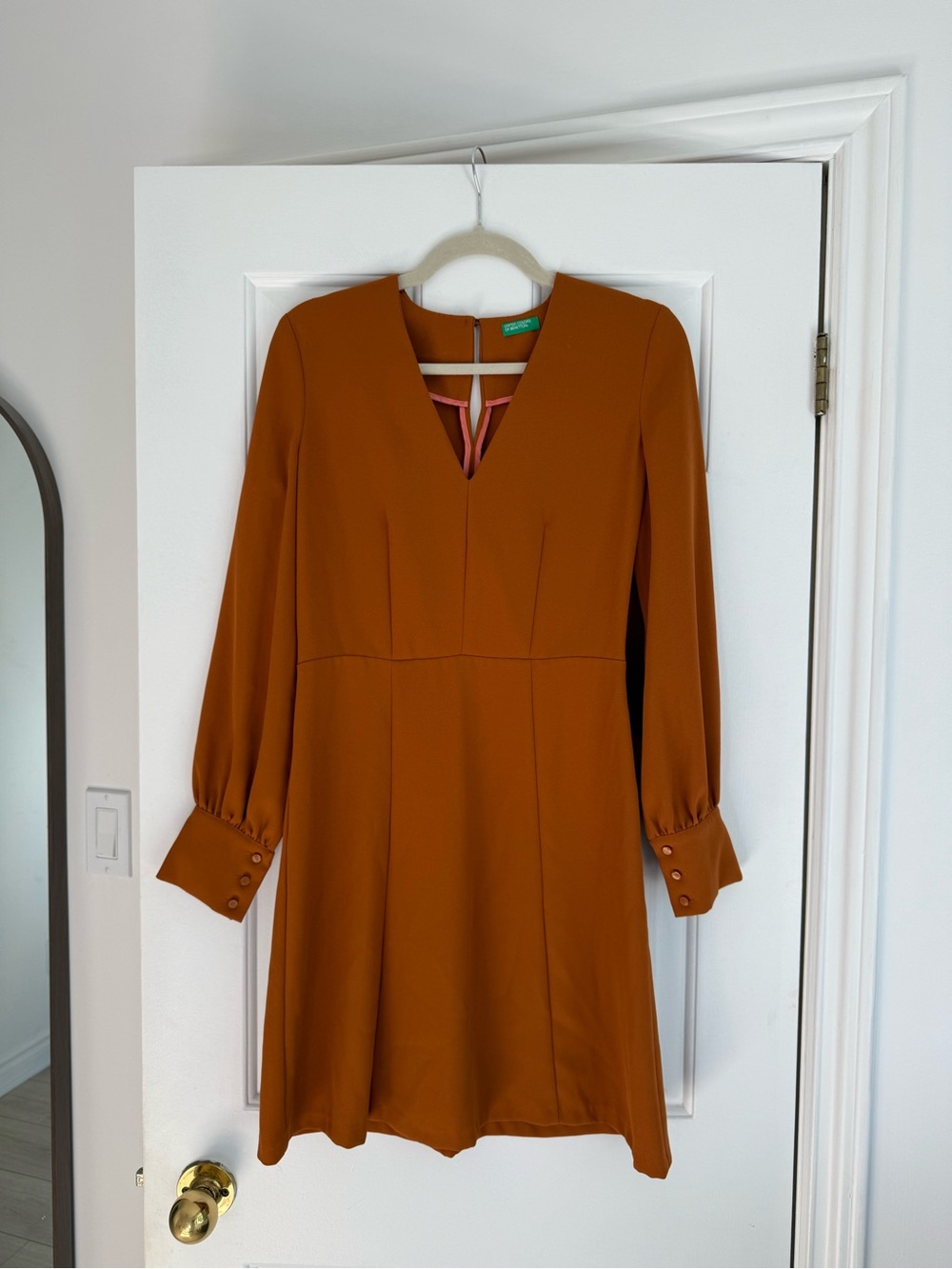 United Colors Of Benetton Rust-Brown V-Neck Long Sleeve Mini Dress
